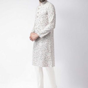 Men White Floral Printed Kurta with Churidar