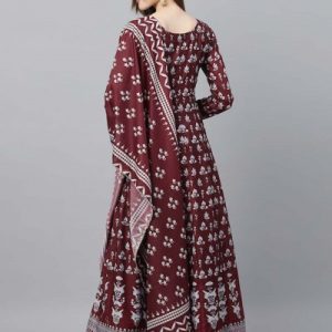 Women Coffee Brown & Off-White Floral Block Printed Anarkali Kurta with Dupatta